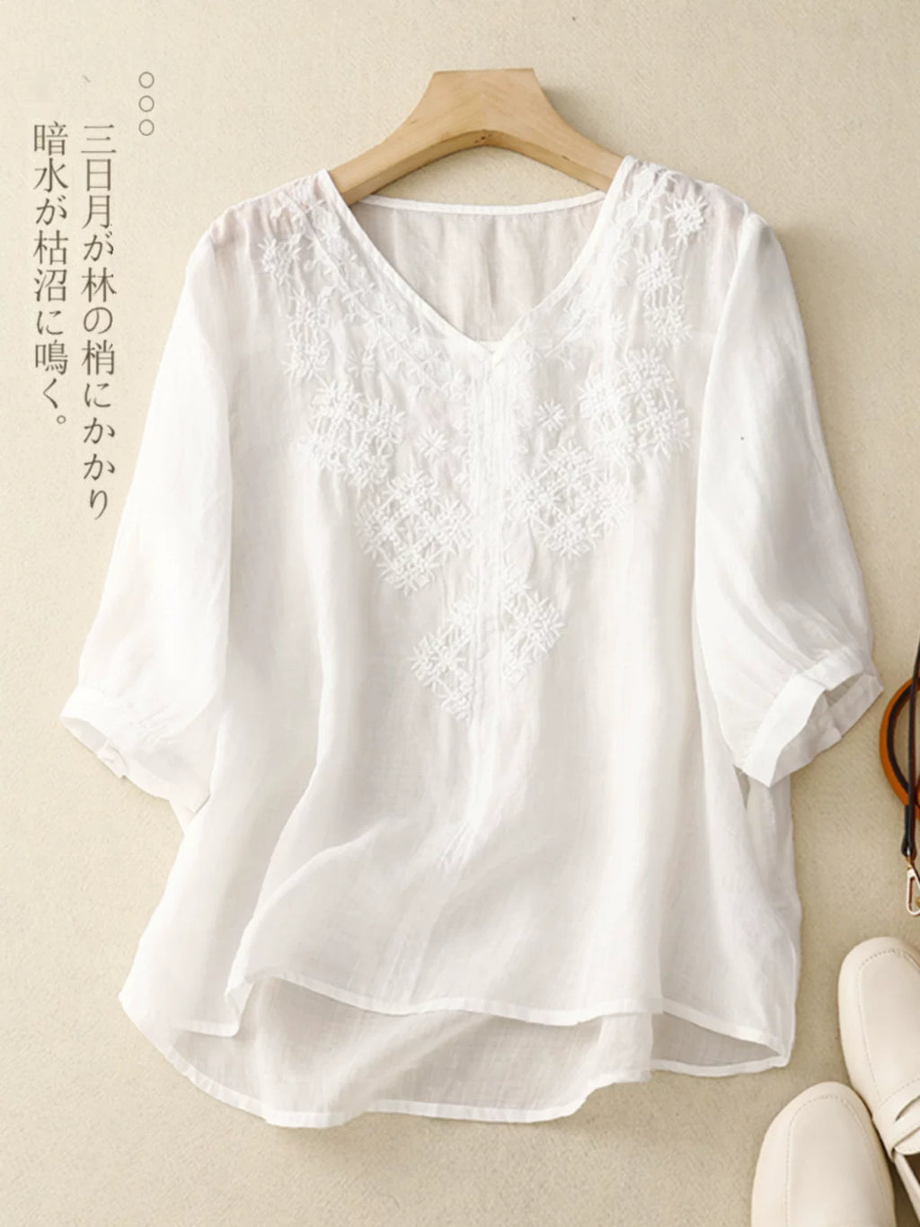Embroidered Cotton Linen Three Quarter Sleeve Shirt