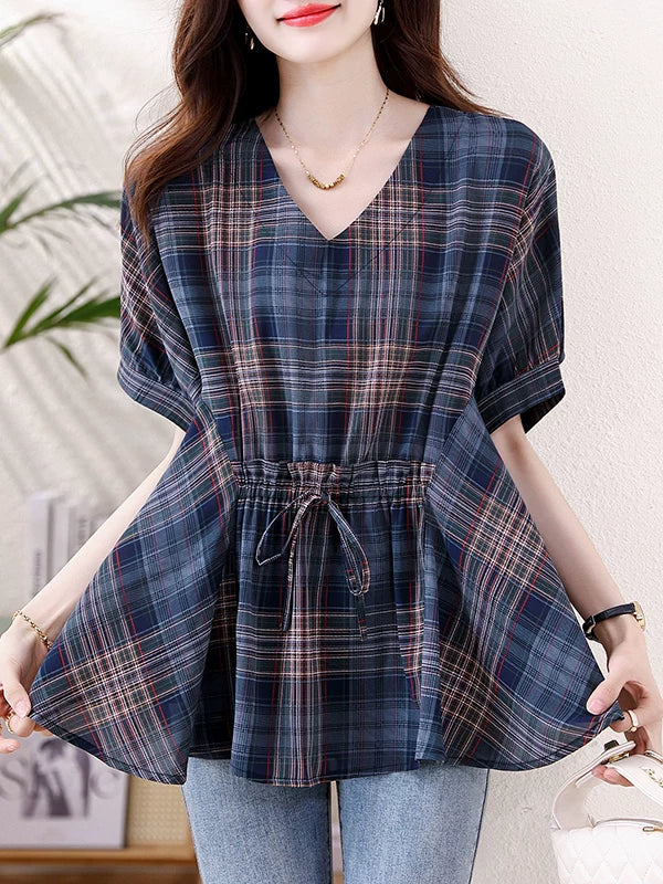 Plaid Chiffon Top with Drawstring Waist
