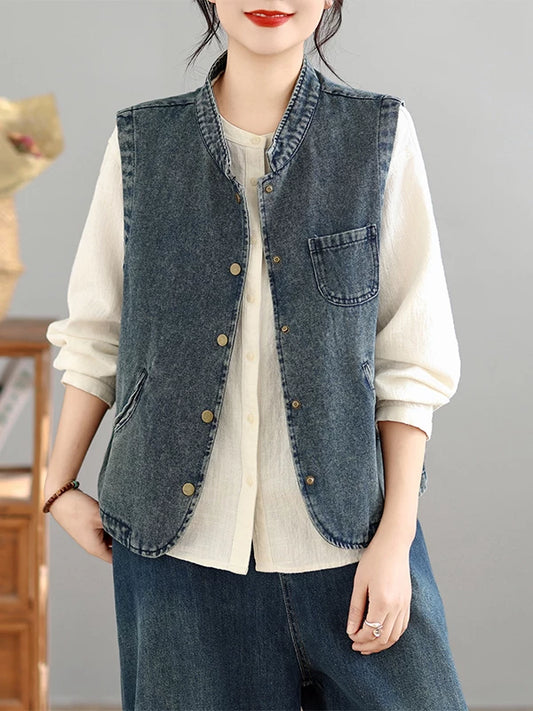 Distressed Washed Denim Vest for Women