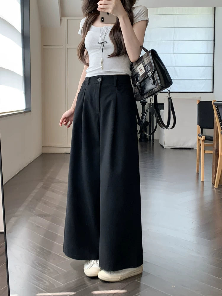 Wide-Leg Pleated Pants in Linen-Look Texture
