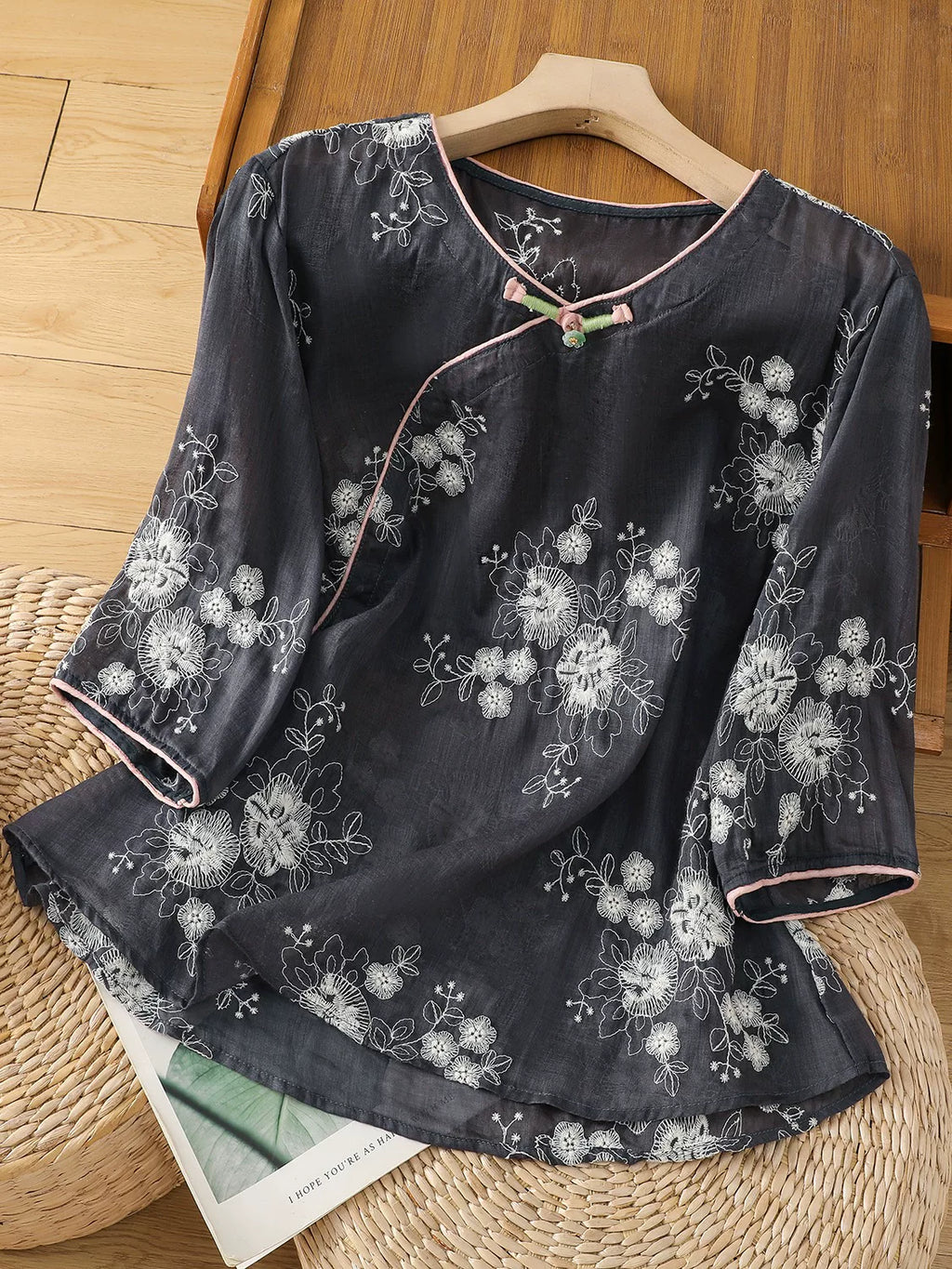 Embroidered Cotton Linen Three Quarter Sleeve Shirt