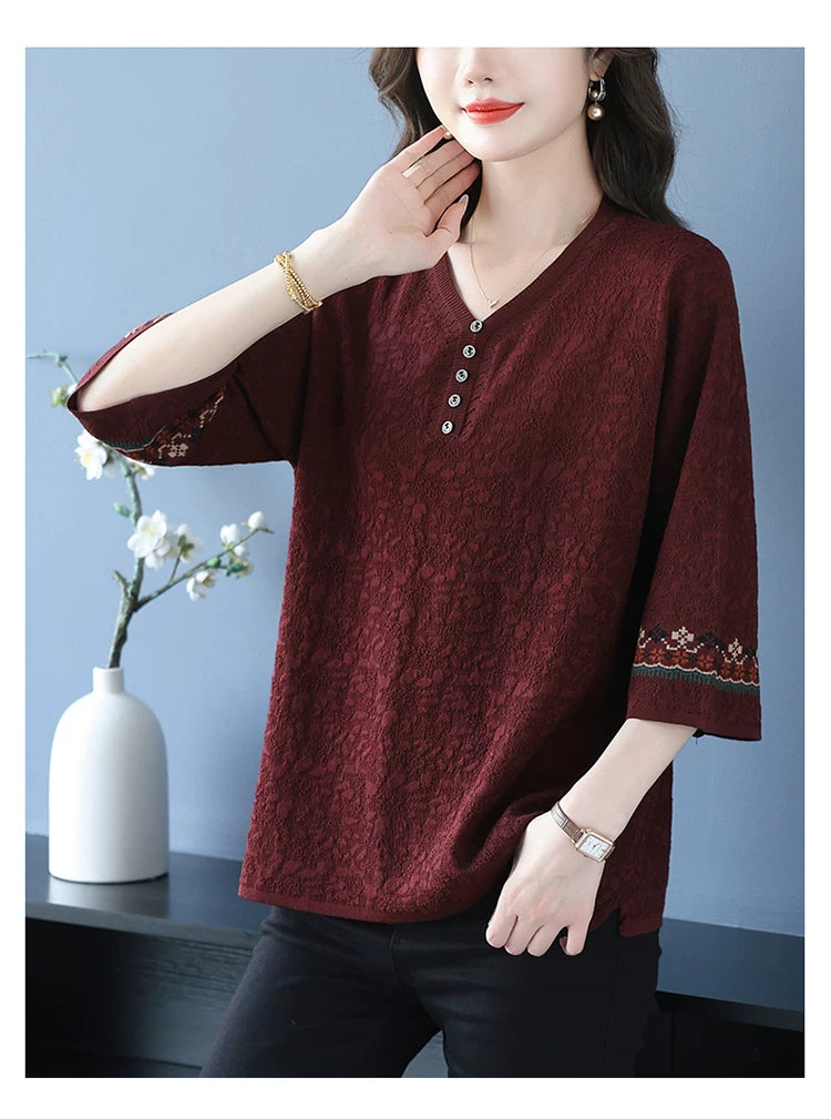 Textured Woven Blouse with Embroidered Cuffs