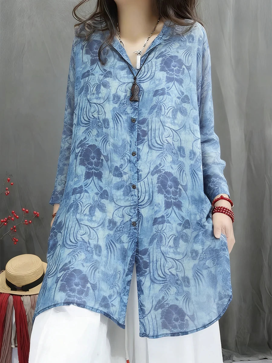 Chiffon Tunic with Blue Floral Print & Side Slits