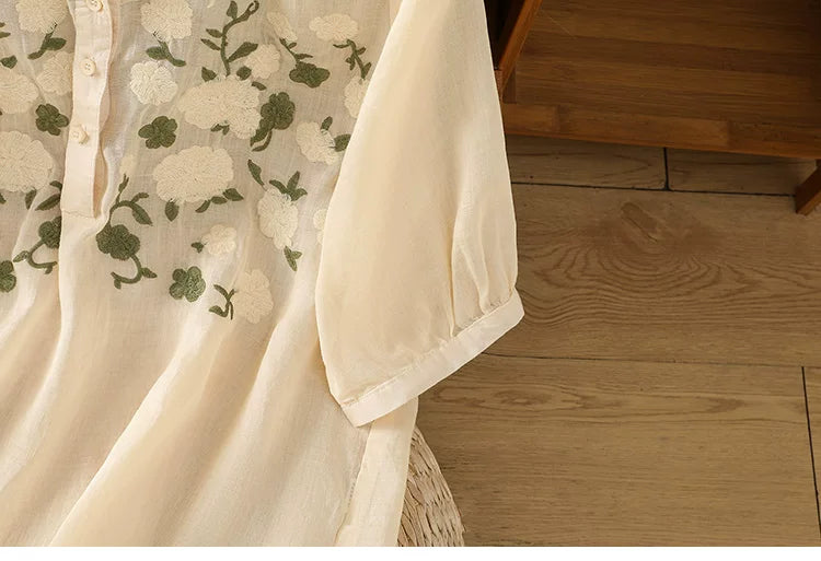Embroidered Three Quarter Sleeve Cotton Linen Shirt