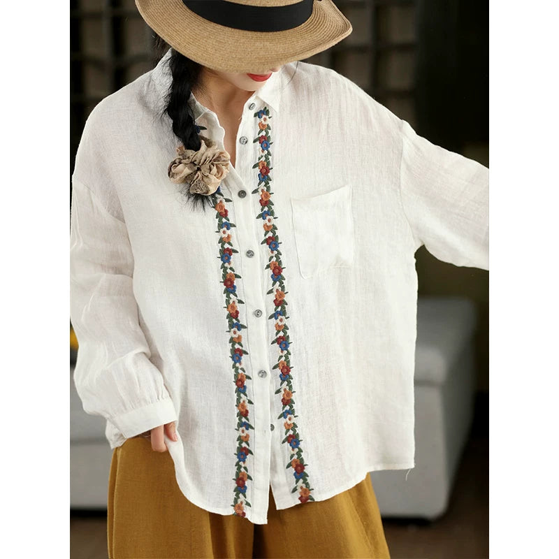 100% Linen Button-Front Top with Floral Embroidery