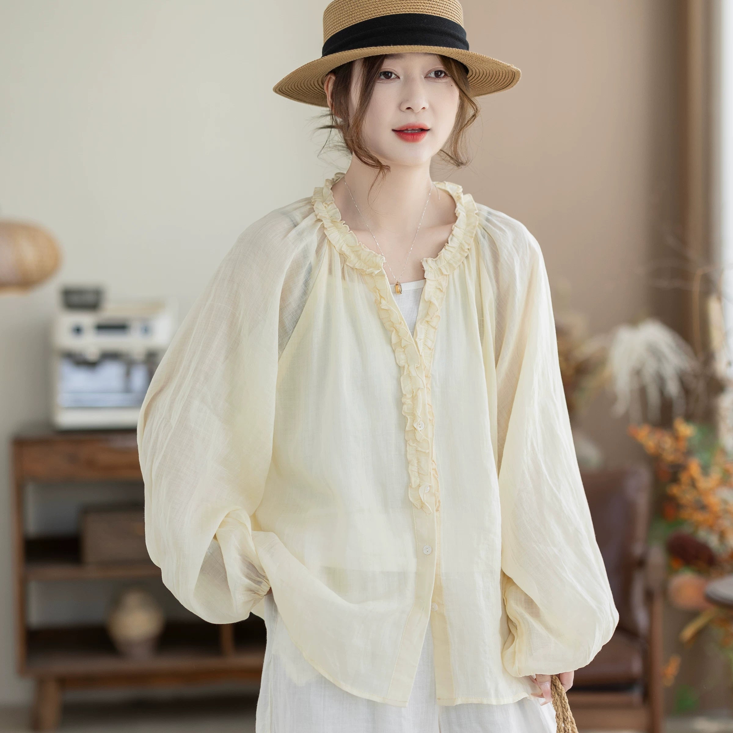 100% Ramie Blouse with Ruffled V-Neck & Elbow Sleeves