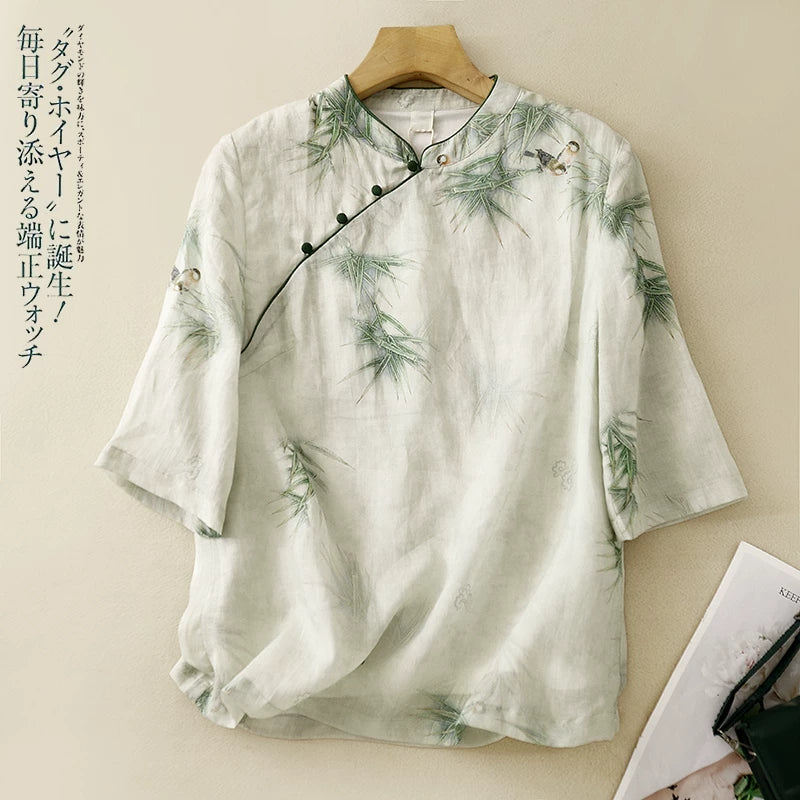 Cotton Linen Half Sleeve Shirt with Bamboo Bird Print