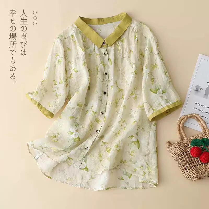 Floral Print Cotton Linen Three Quarter Sleeve Shirt