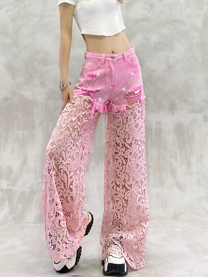Lace-Embellished High-Waisted Wide-Leg Jeans