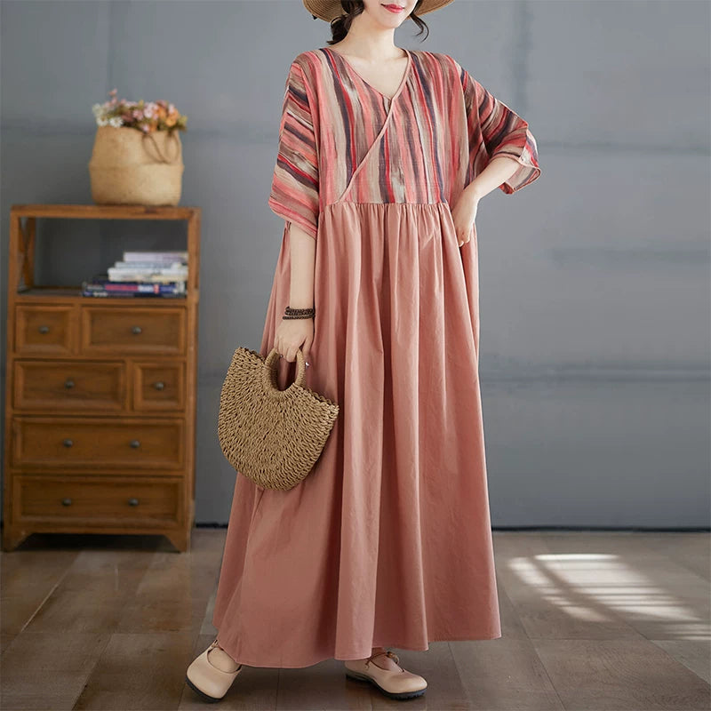 V-Neck Cotton Linen Midi Dress with Stripe Panel