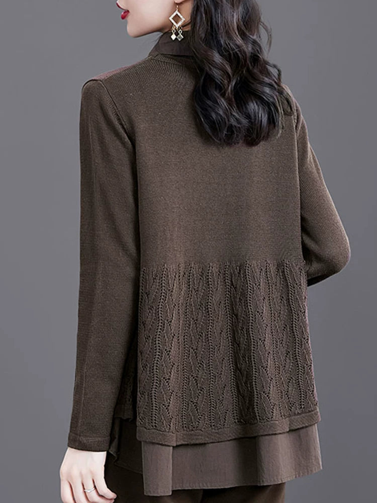 Relaxed Knit Top with Textured Lower Panel & Layered Hem