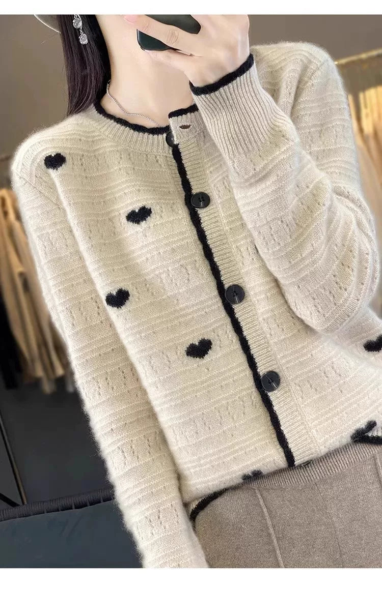 Heart-Motif Wool-Like Knit Cardigan, Relaxed Hip-Length