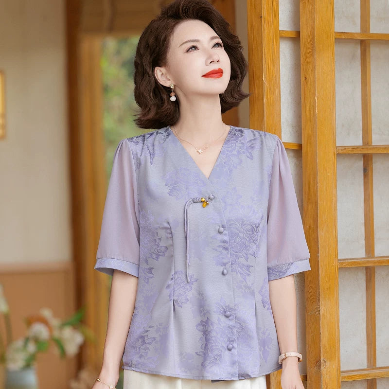 Jacquard Woven Blouse with Lapel Collar & Cuff Band