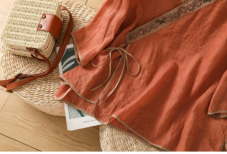 Embroidered Trim Three Quarter Sleeve Shirt