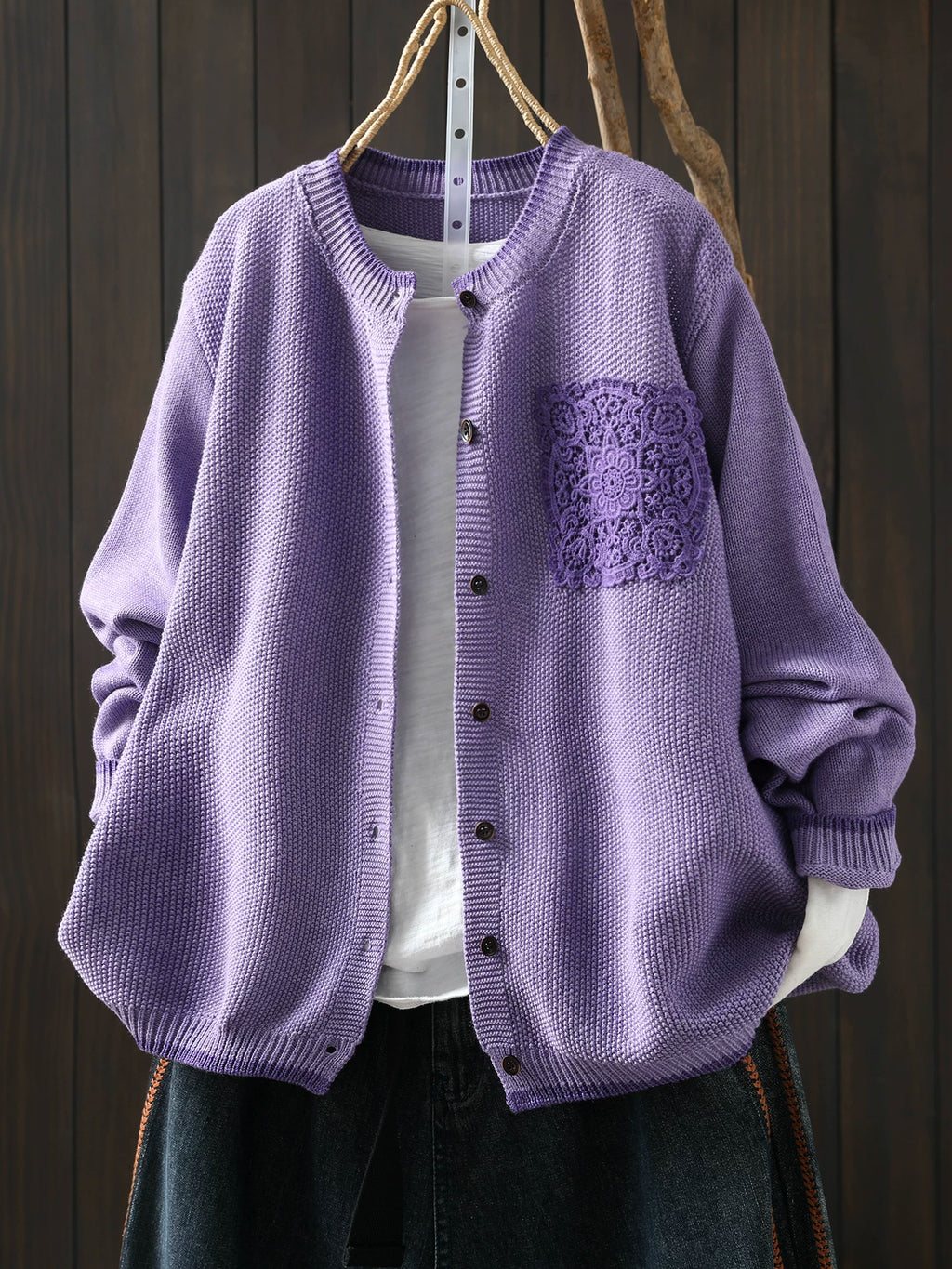 Waffle-Textured Knit Cardigan with Lace Pocket