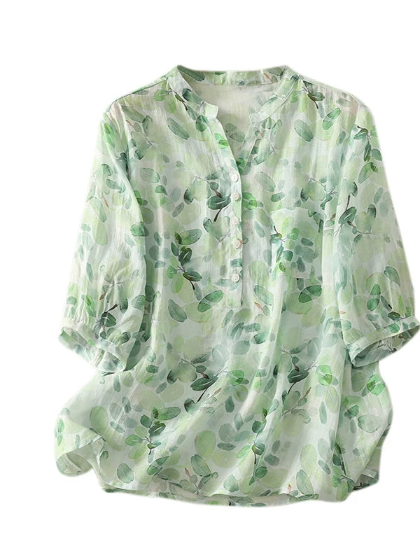 Floral Print Cotton Linen Three Quarter Sleeve Shirt