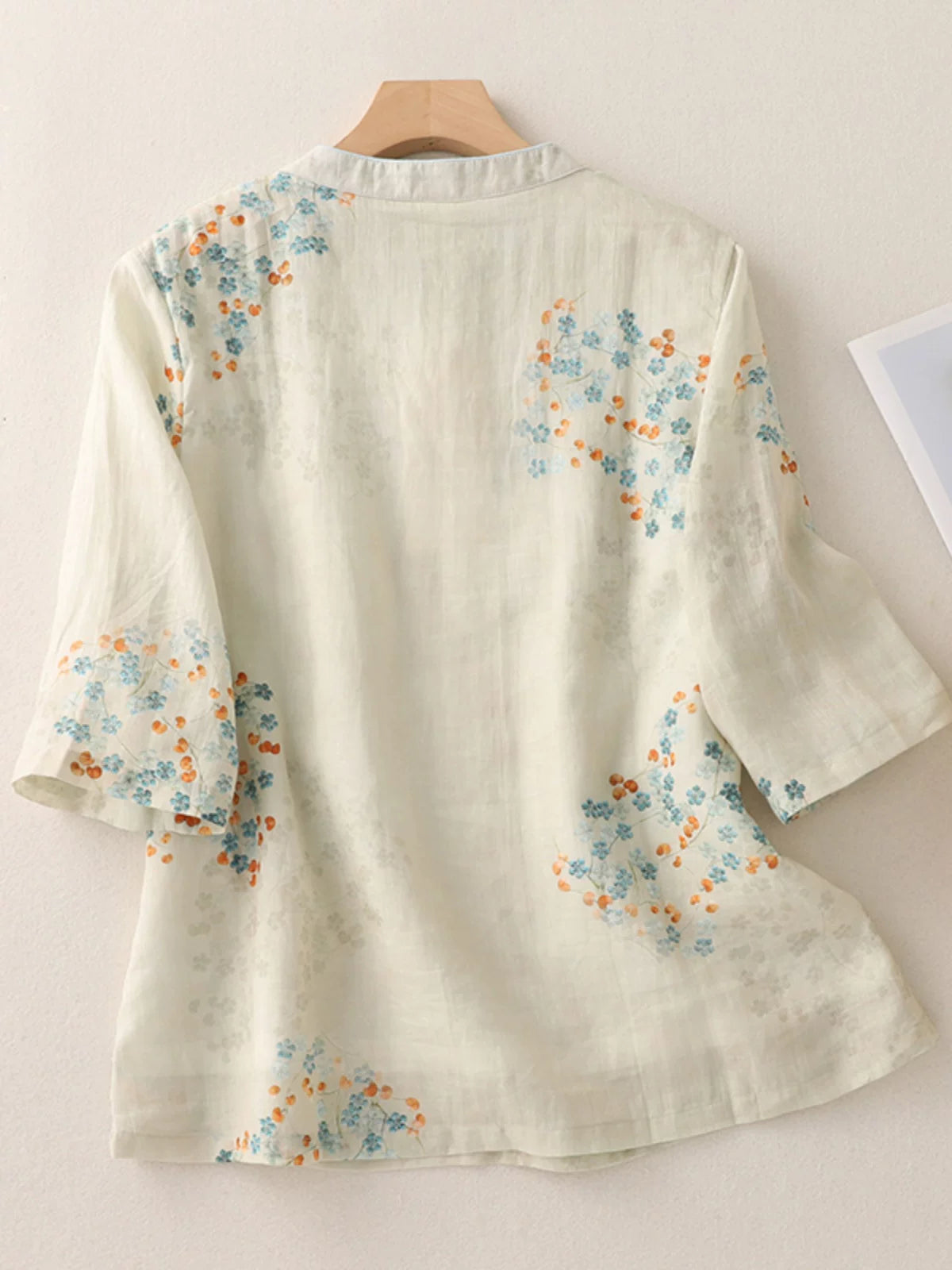 Floral Print Cotton Linen Three Quarter Sleeve Shirt