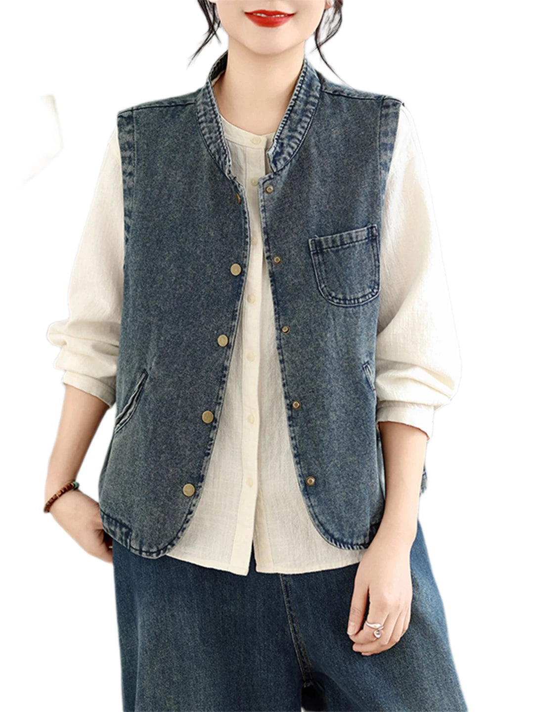Distressed Washed Denim Vest for Women