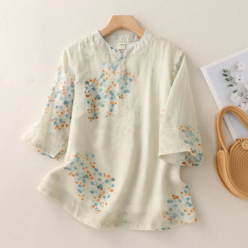 Floral Print Cotton Linen Three Quarter Sleeve Shirt