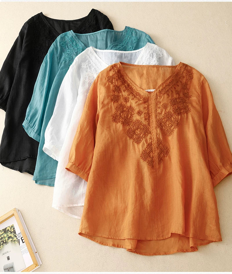Embroidered Cotton Linen Three Quarter Sleeve Shirt