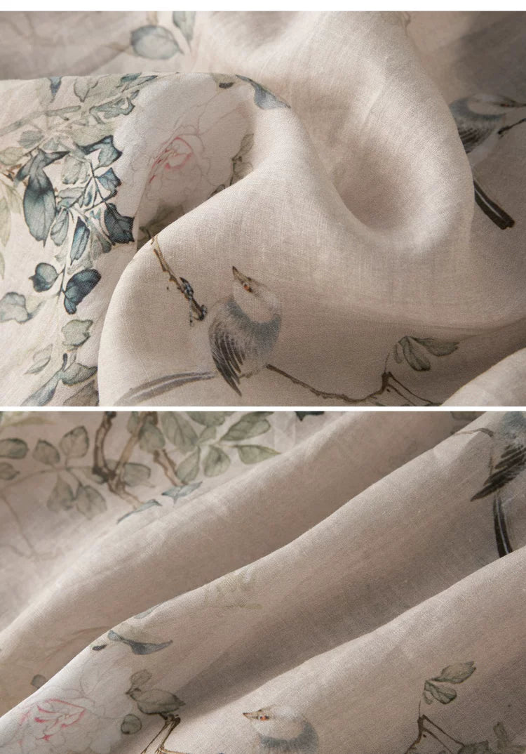 Botanical Bird Print Cotton Linen Three Quarter Sleeve Shirt