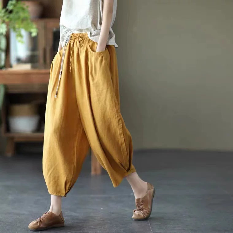 100% Linen Balloon-Leg Pants with Drawstring Waist
