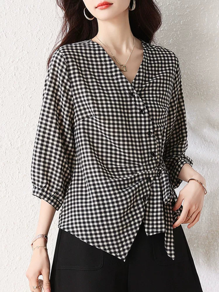 Gingham Wrap Blouse with Self-Tie Knot