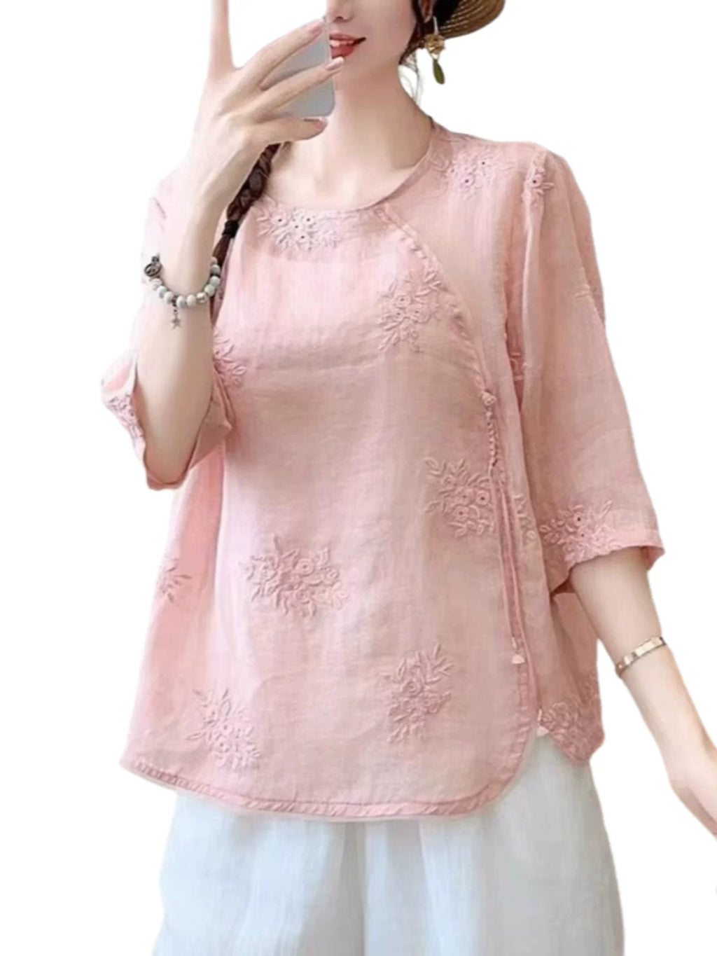 Embroidered Three Quarter Sleeve Shirt, Cotton Linen