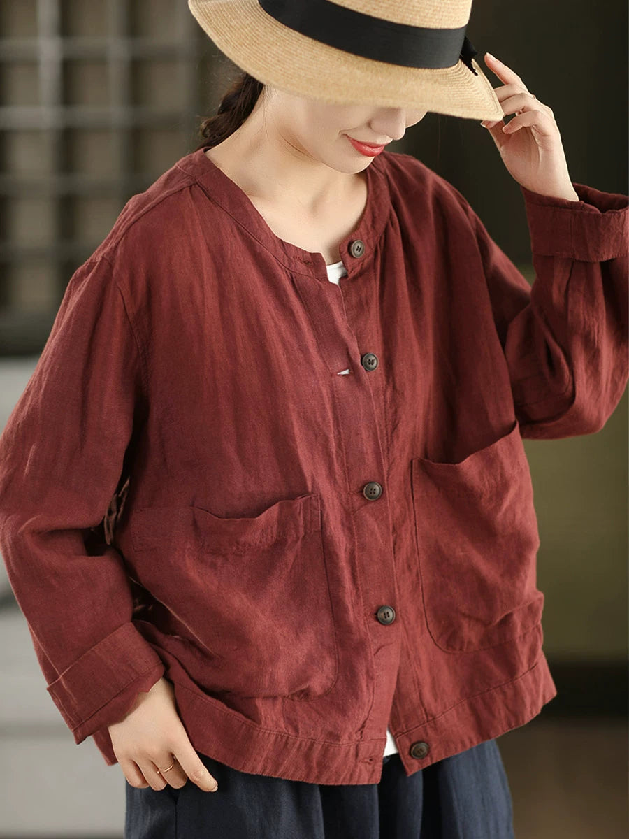 100% Linen Button-Front Top with Patch Pockets