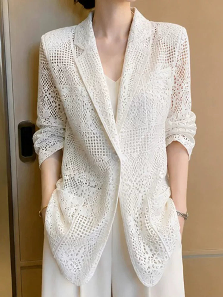 White Hollow-Out Lace Jacket, Open-Front Relaxed Fit