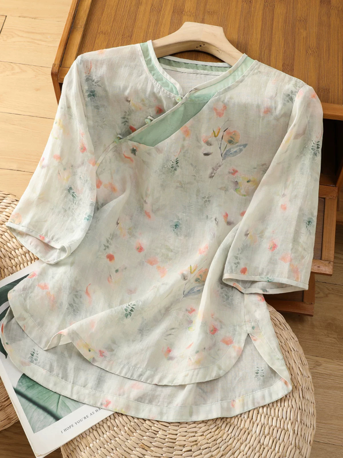 Floral Print Cotton Linen Three Quarter Sleeve Shirt