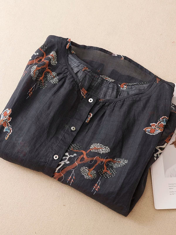 Crane Print Cotton Linen Half Sleeve Shirt