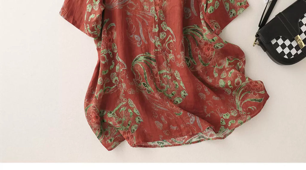 Floral Print Cotton Linen Half Sleeve Tunic