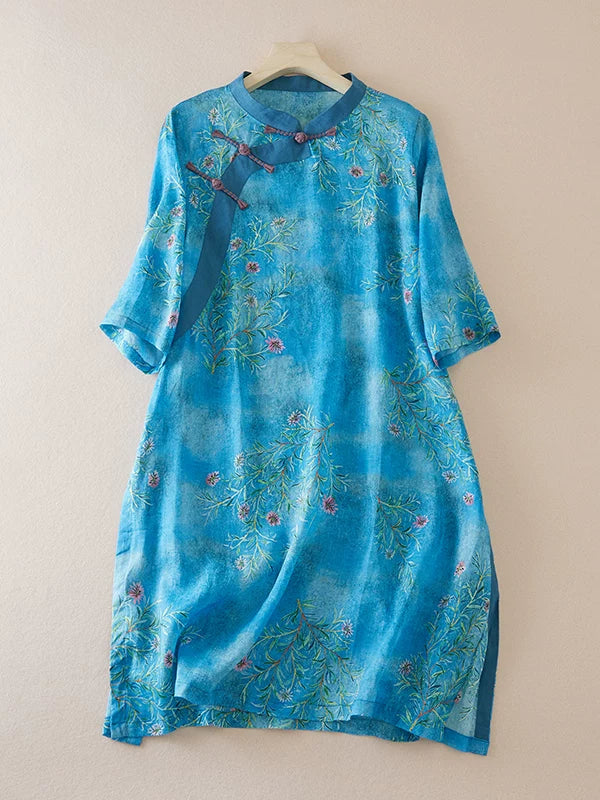 Floral Print Cotton Linen Half Sleeve Shirt with Embroidery