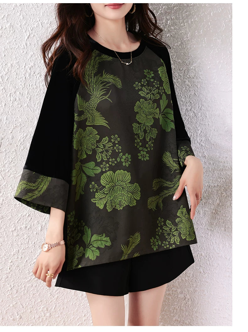 Jacquard Top with Velvet-Sleeve Contrast