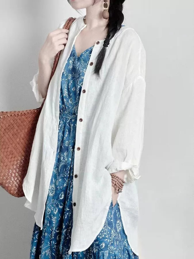 New Chinese Style Zen White Linen Shirt for Women, Early Autumn Edition, Artistic and Elegant Loose-Fit Mid-Length Cotton-Linen Long Sleeve Top