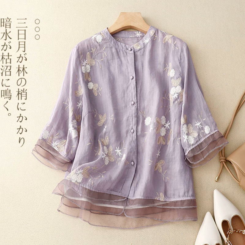 Embroidered Three Quarter Sleeve Shirt, Cotton Linen