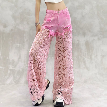 Lace-Embellished High-Waisted Wide-Leg Jeans