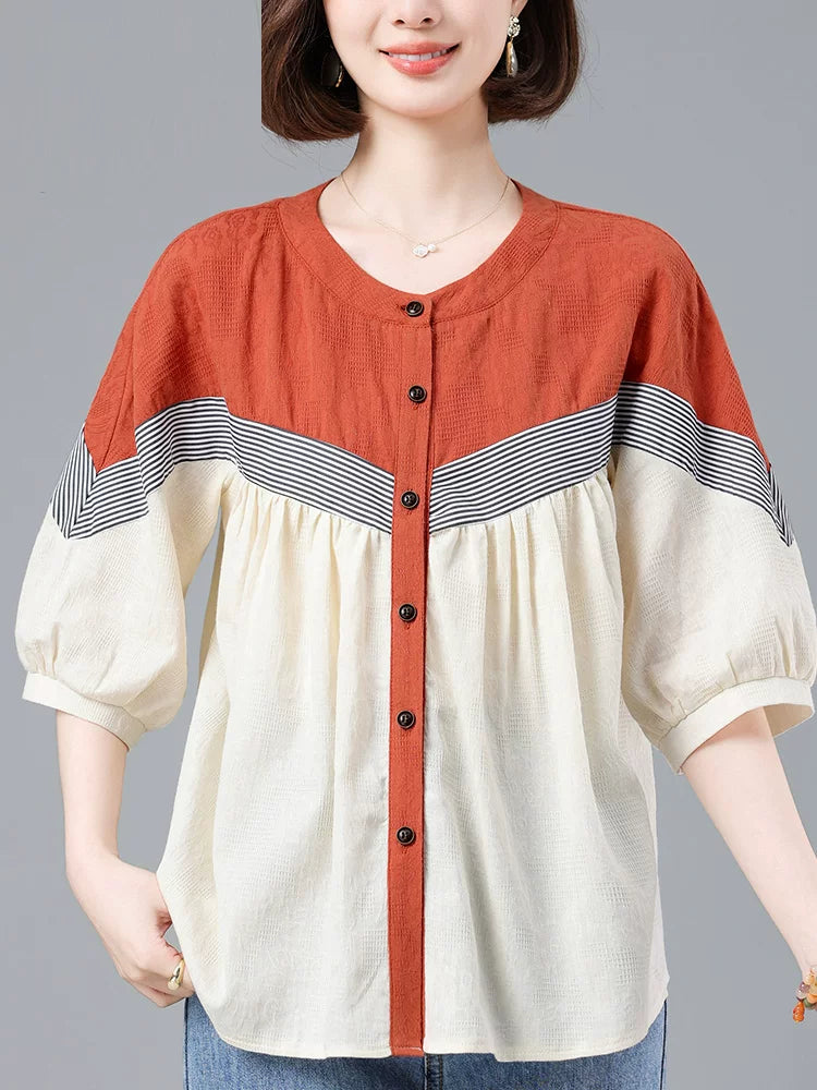 100% Cotton Color-Block Button Top with Striped Trim
