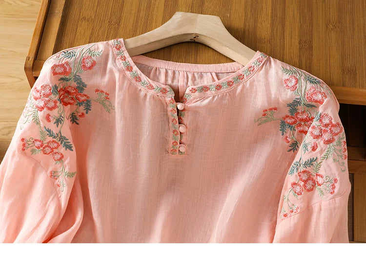 Embroidered Floral Top in Linen-Look Textured Fabric