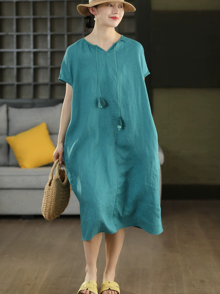 Pure Linen V-Neck Midi Dress with Tassel Trim