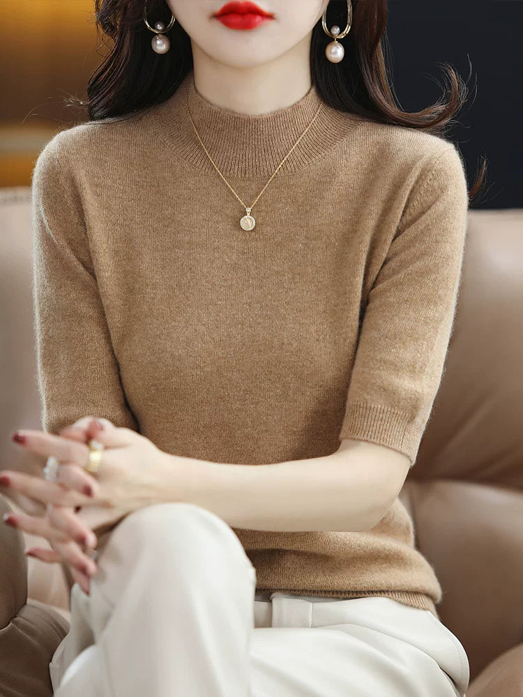 Relaxed Knit Top with Small Stand Collar & Elbow Sleeves
