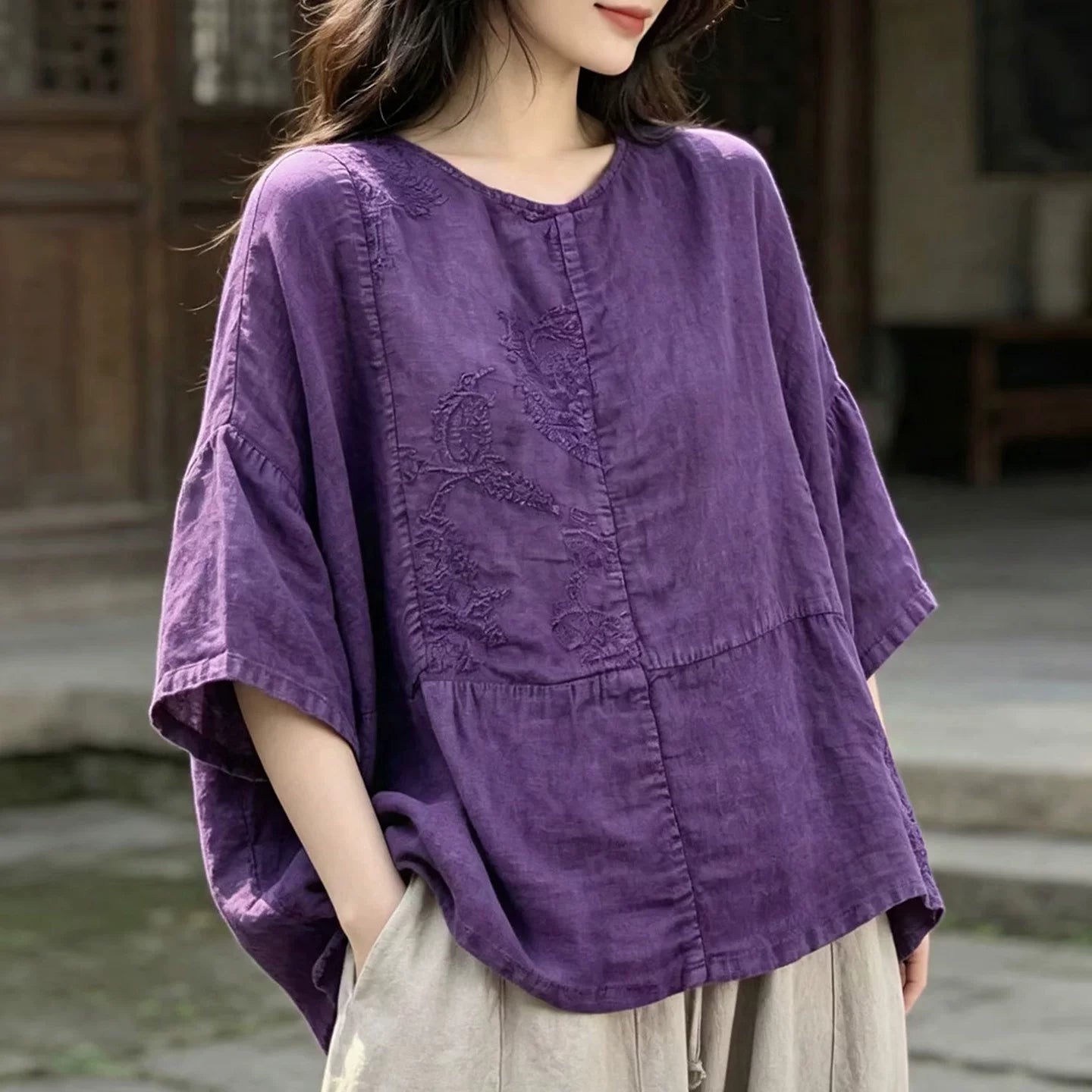 100% Linen Top with Embroidered Floral Motif