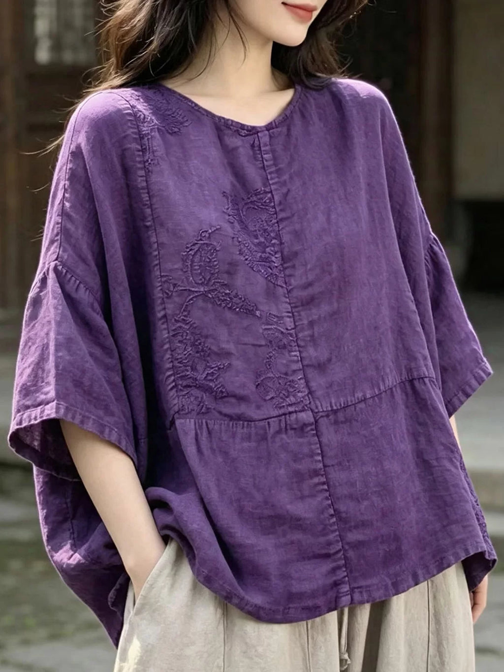 100% Linen Top with Embroidered Floral Motif