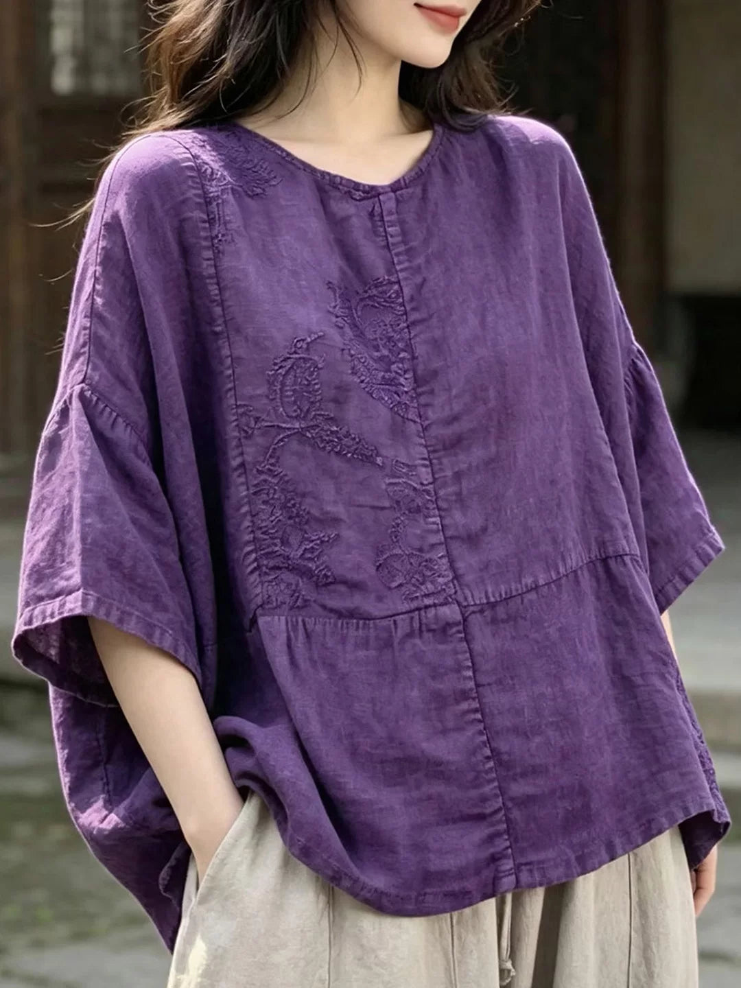100% Linen Top with Embroidered Floral Motif