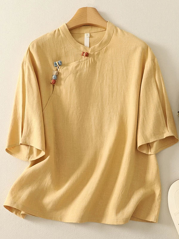 Cotton Linen Half Sleeve Shirt with Asymmetrical Placket