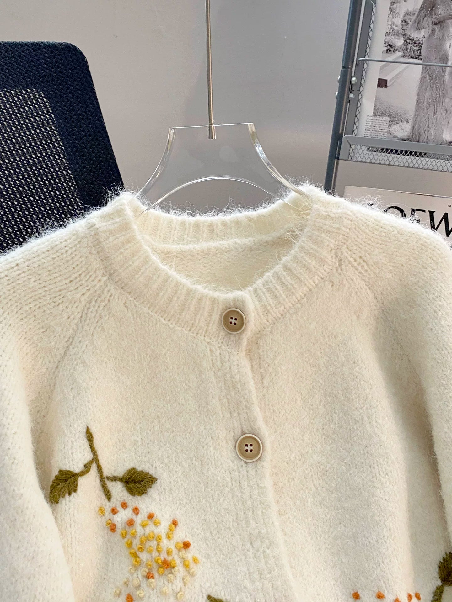 Hand-Embroidered Floral Fuzzy Knit Cardigan