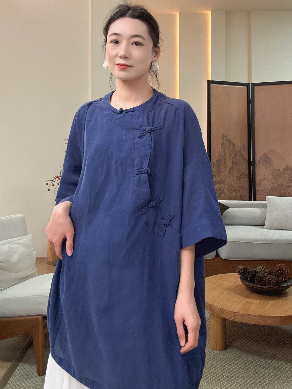 Relaxed Linen Tunic Dress with Frog Buttons
