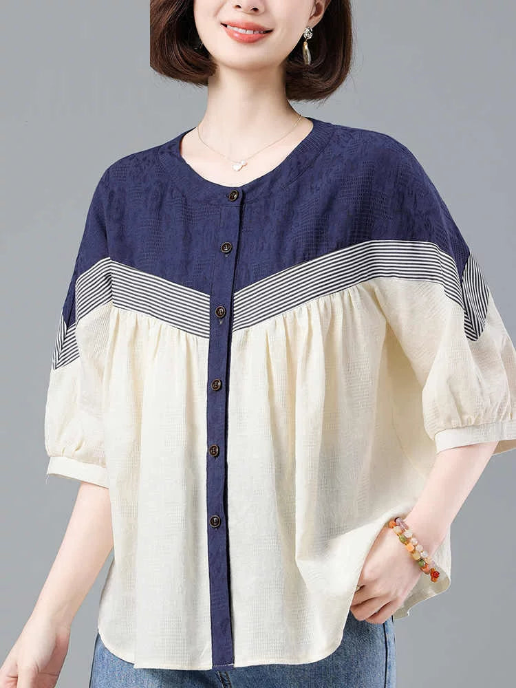 100% Cotton Color-Block Button Top with Striped Trim