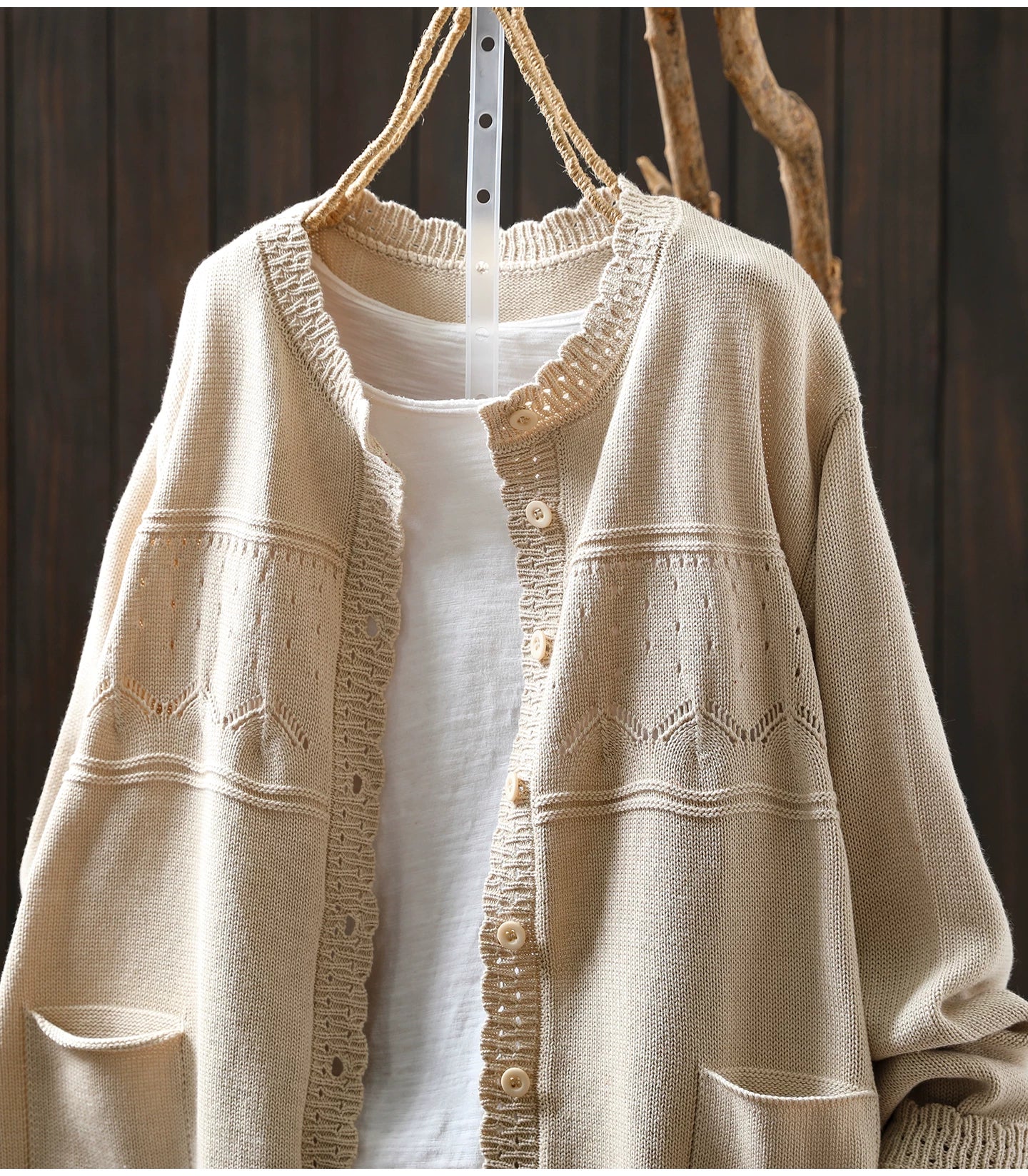 Soft Knit Cardigan with Openwork Panels & Ruffles